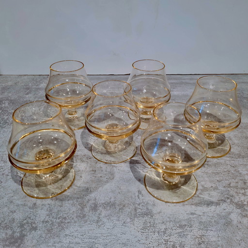 Unique Set of 6 Hand Blown Antique Amber Cognac Glasses