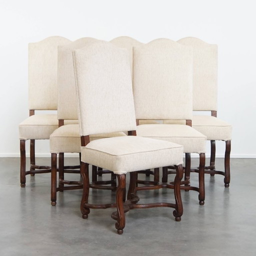 6x Antique dining chairs with wooden frame and beige upholstery