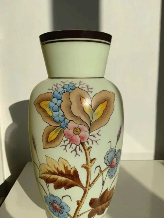 Image 1 of Antique Bohemian Art Nouveau Uranium Satin Glass Vase - Harrach - c. 1900