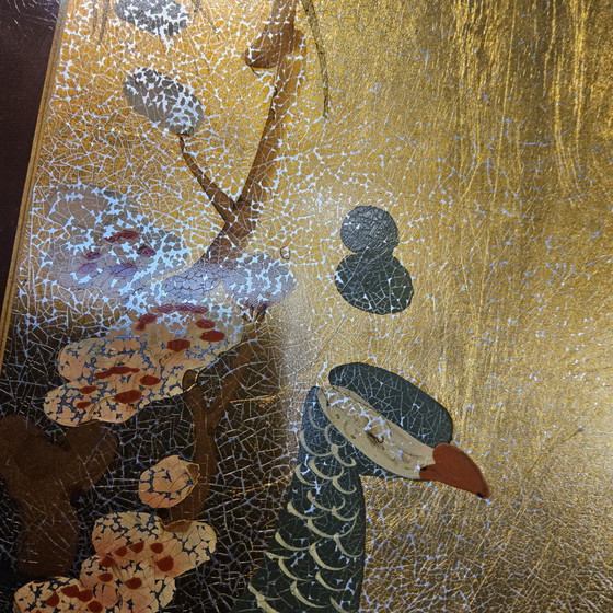 Image 1 of Vintage Chinese cabinet gold leaf flowers and peacocks and birds / oriental cabinet / bohemian cabinet / Asian cabinet