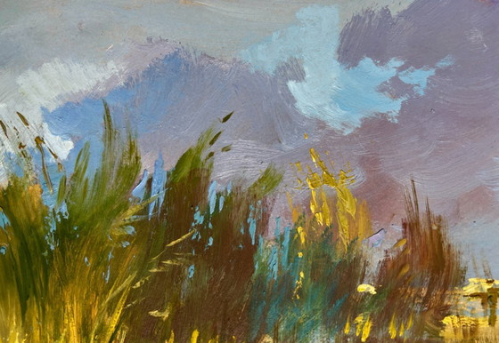 Image 1 of Original Oil Painting River Coastal Landscape A boat among the reeds