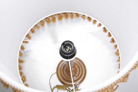 Image 1 of Table lamp wood textile light beige brown fringes 63cm 80s J Vintage