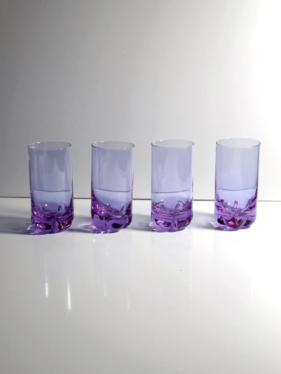 Image 1 of 4 Vintage Drinking Glasses Alexandrite Glass Tumbler Gin Tonic Long Drink Neodymium Italy 70s Crystal Brutalist Pink