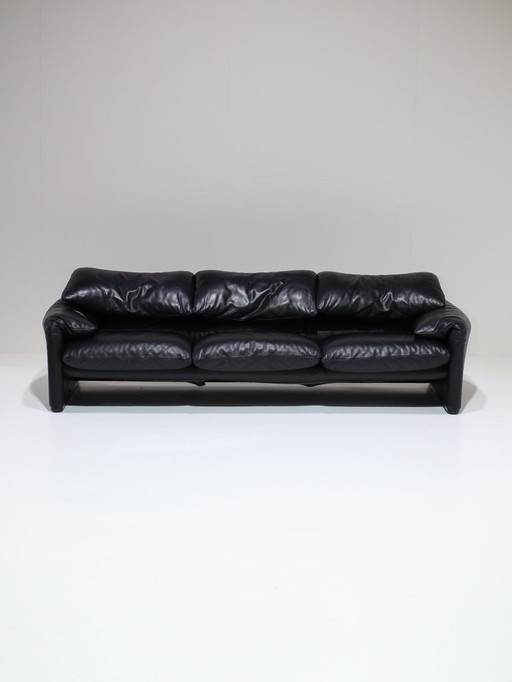 Cassina Maralunga 3-Sitzer-Sofa aus schwarzem Leder von Vico Magistretti