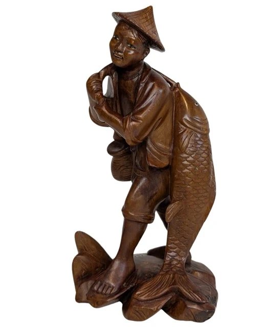 Chinese wooden lucky statue 'the fisherman with carp' – Sculpture (photo 14 of 14)