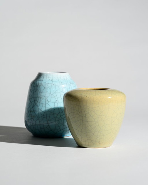 German Art Deco Crackle Glaze Ceramic Vase Duo Fürst Adolf Werkstätten Bückeburg