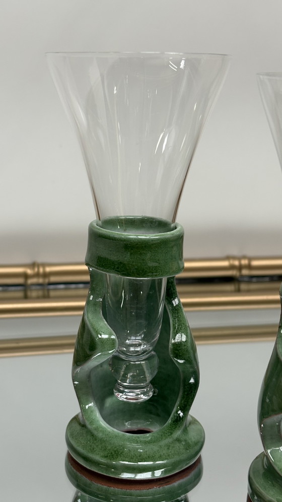 Image 1 of Copas de champán de cristal Francis Dumelié de cerámica verde