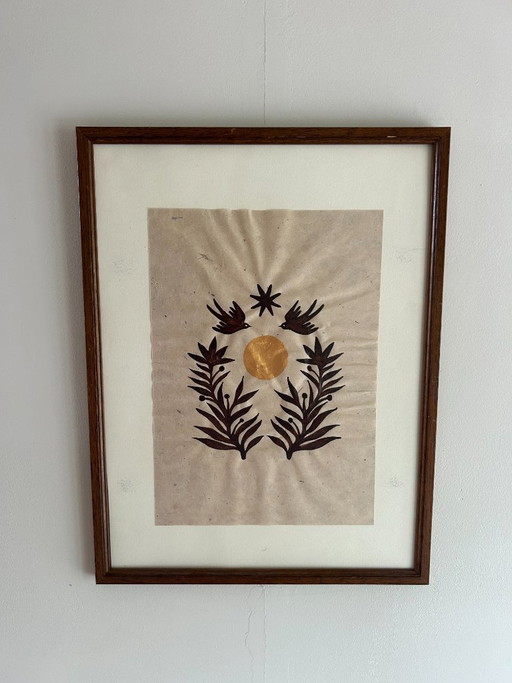 Handmade Boho Wall Art | Birds & Golden Sun | Botanical Illustration A4