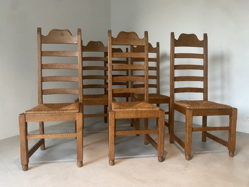 Set Of 6 Solid Oak Ladderback Chairs - French Corner Style, Vintage