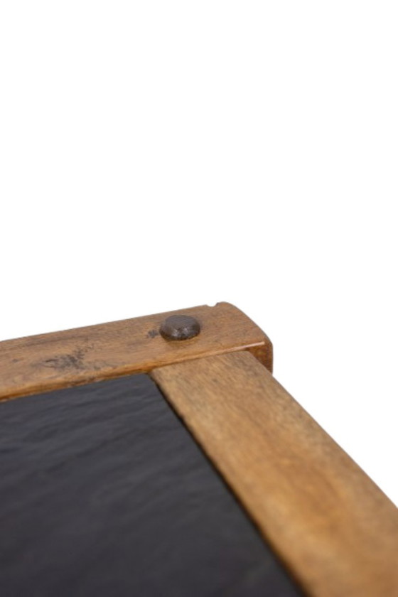 Image 1 of Brutalistisches Couchtischpaar aus Eiche und Schiefer.  Circa 1960.