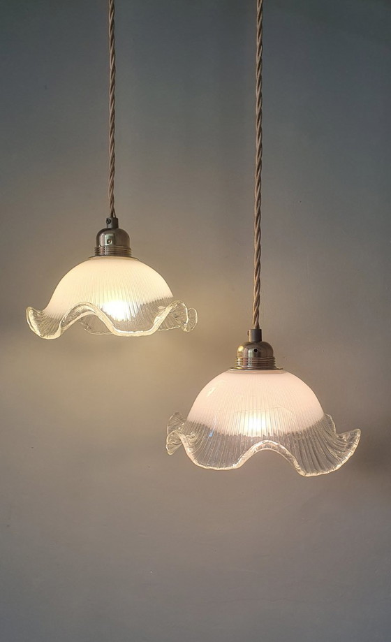 Set di 2 lampade a sospensione vintage in vetro bianco satinato, forma floreale, texture – Metal (photo 4 of 23)