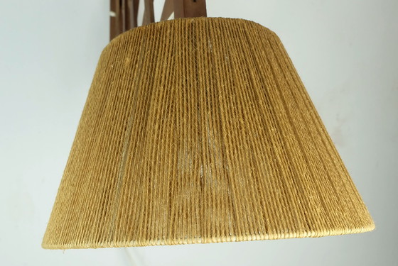 Image 1 of Mid Century Moderne Hout En Sisal Wandlamp Draaibaar Uitschuifbaar 1950S 60S Schaarlamp