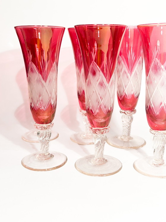 Set of 6 1970s Red Bohemian Crystal Champagne Flutes – Table accessories (photo 7 of 7)