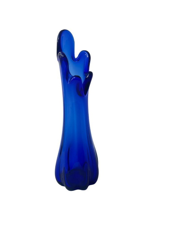Image 1 of Taiwanese Design - Mid-Century Modern Blue Finger Swung Glass Vase