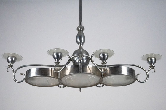 Image 1 of Araña Art Decó italiana de latón niquelado y cristal esmerilado, años 30