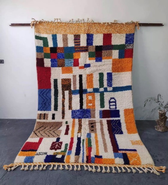 Image 1 of Grand tapis Beni Ouarain abstrait multicolore, mosaïque moderne 3x2m