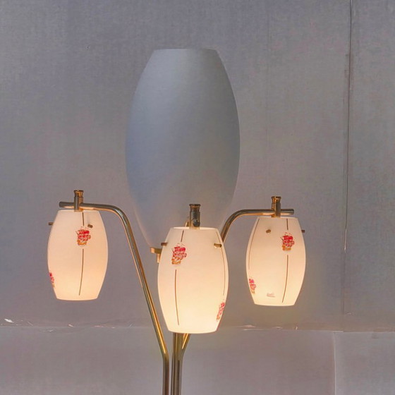 Image 1 of Vintage 1950s Floor Lamp by Maison Arlus, Metal, Brass & Opal Glass, 50s Rockabilly
