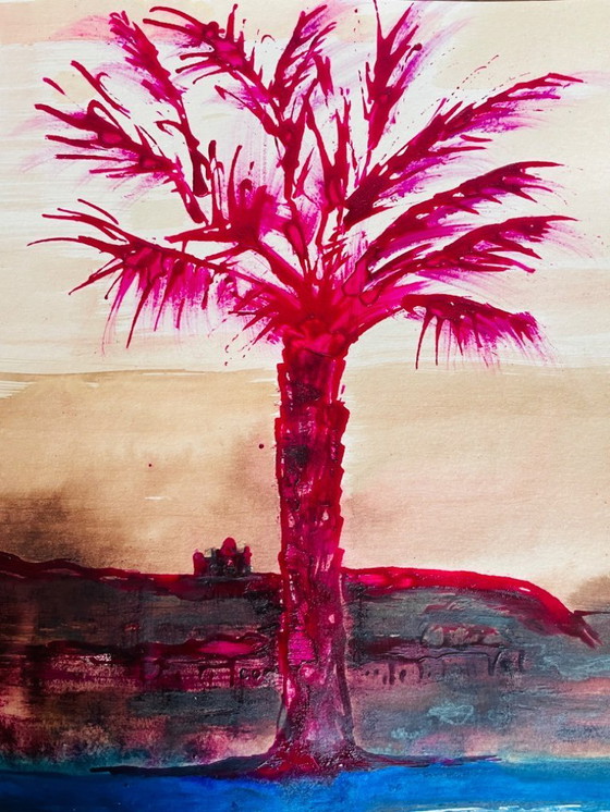 Image 1 of Acuarela firmada de un paisaje egipcio "Crepúsculo en el Nilo"