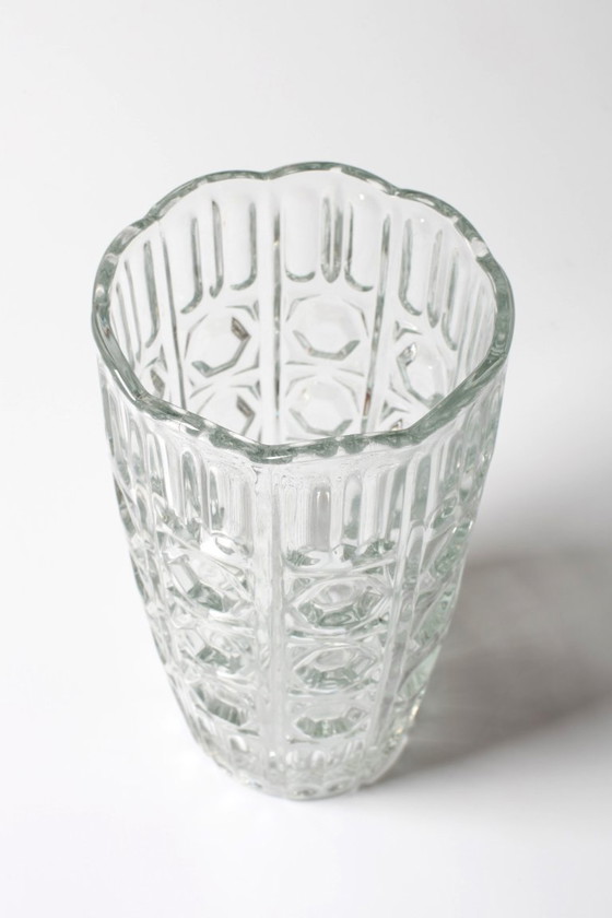 Image 1 of Mid-century Vintage Solid Heavy Clear Hand Pressed Glass Flower Vase / Fidenza / Italy / 1960s