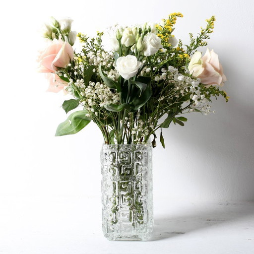 Vintage Mid-century Clear Pressed Glass Vase Taalari by Tamara Aladin / Riihimäen Lasi Glassworks Finland / 1969