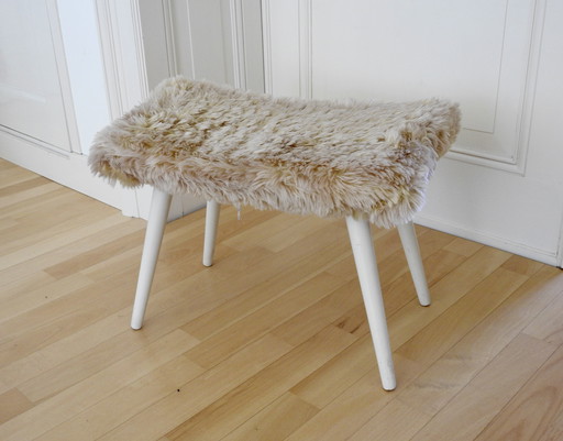 Vintage Stool With Teddy Fur - Dressing Table or Footstool