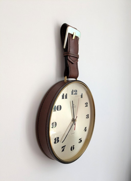 Junghans ATO-MAT clock, brass, leather frame, 1960s design