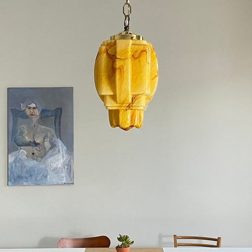 Art Deco Skyscraper Chandelier Pendant Light in Marbled Yellow Gold Opaline Glass
