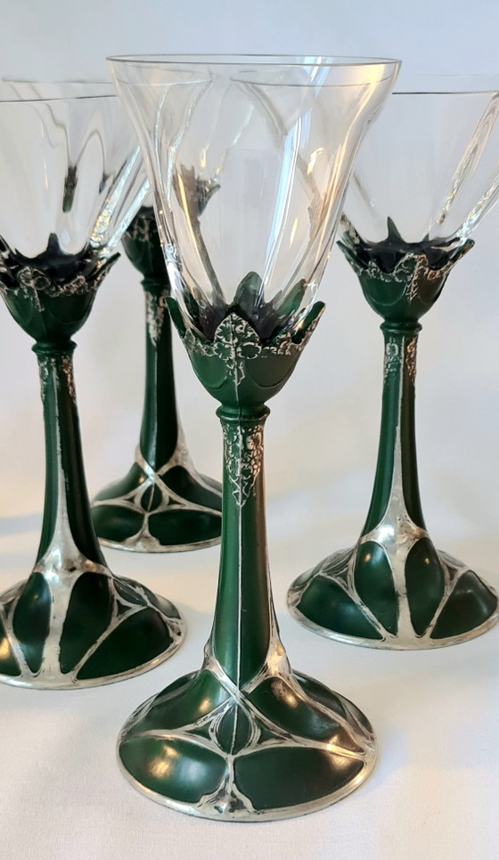 Art Nouveau 8 Glazen Set Kristal op Metalen Voet Groen Zilver 19e Eeuw Top – Glazen & Karaffen, Crystal (photo 8 of 14)