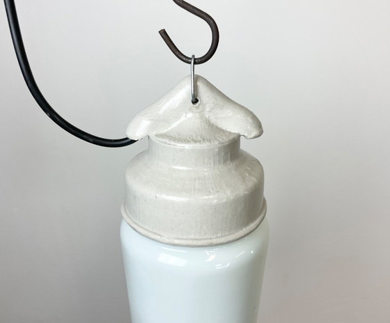Image 1 of Industrial White Porcelain Pendant Light with Milk Glass, 1970s
