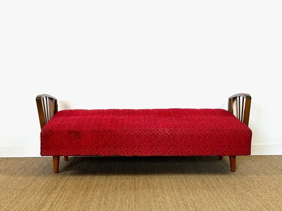 Image 1 of Vintage Scandinavische slaapbank van hout en stof, 1960