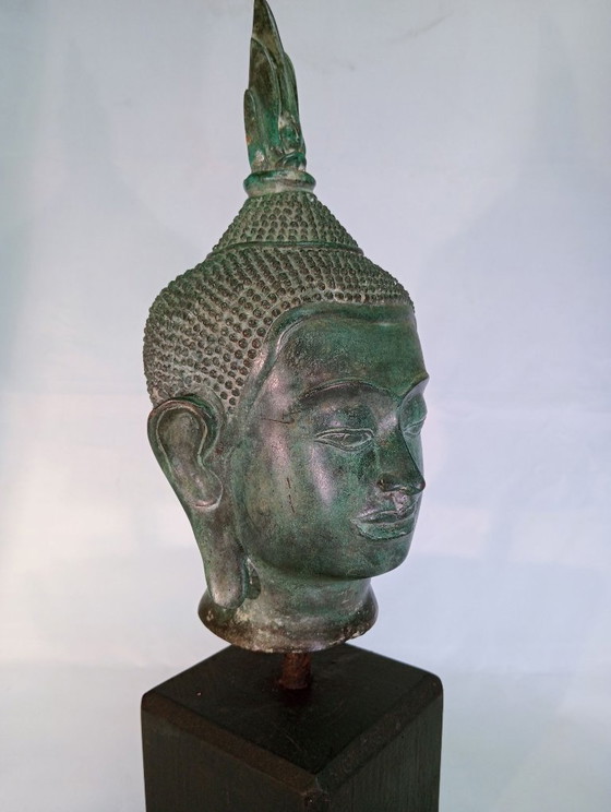 Sculptures Tête de Bouddha, Bronze sur Socle en Bois, Vert, Aziatisch (photo 6 sur 7)