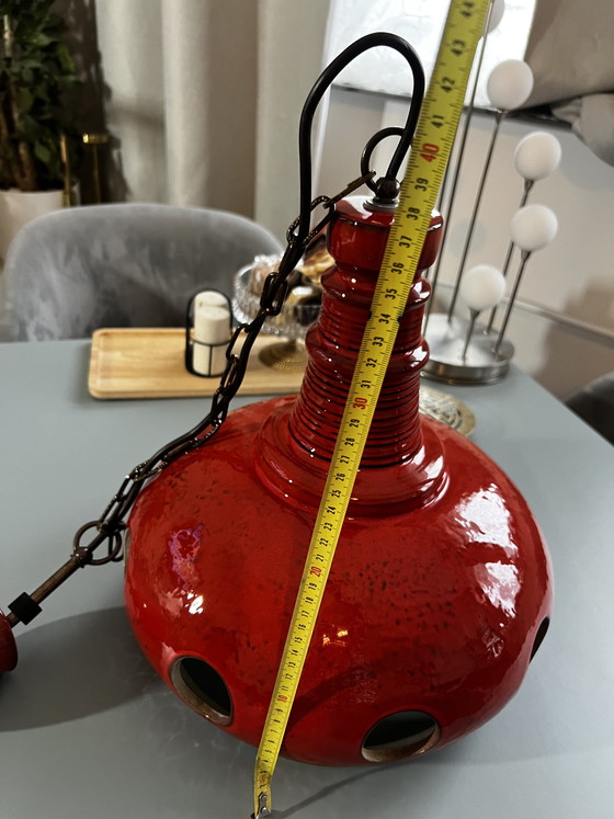 Image 1 of Suspension rouge en céramique émaillée style années 70, style FAT Era