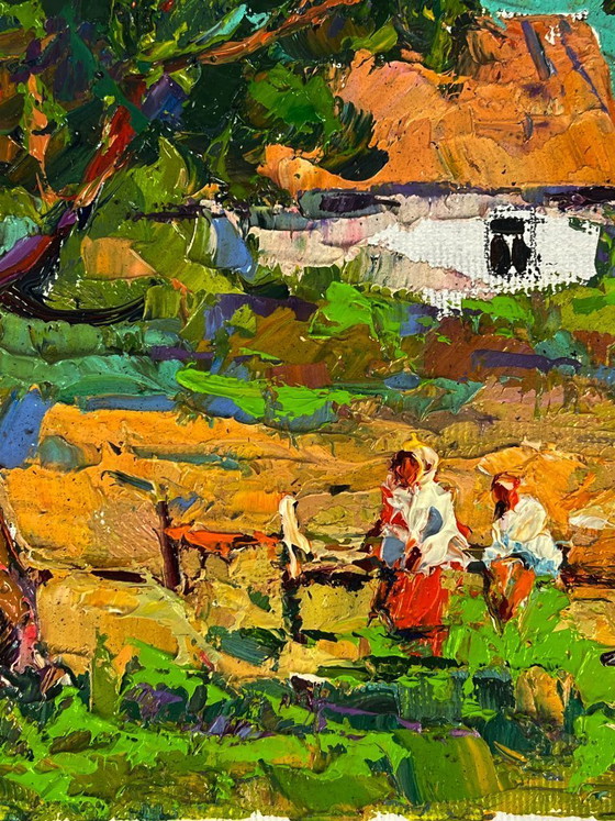 Image 1 of Peinture à l'huile originale représentant un paysage de campagne, un jardin et une maison en vacances d'été à la campagne
