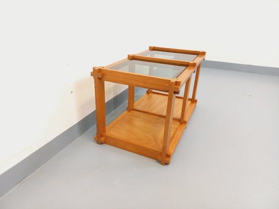 Image 1 of Vintage rectangular coffee table in pine and smoked glass from the 70s and 80s