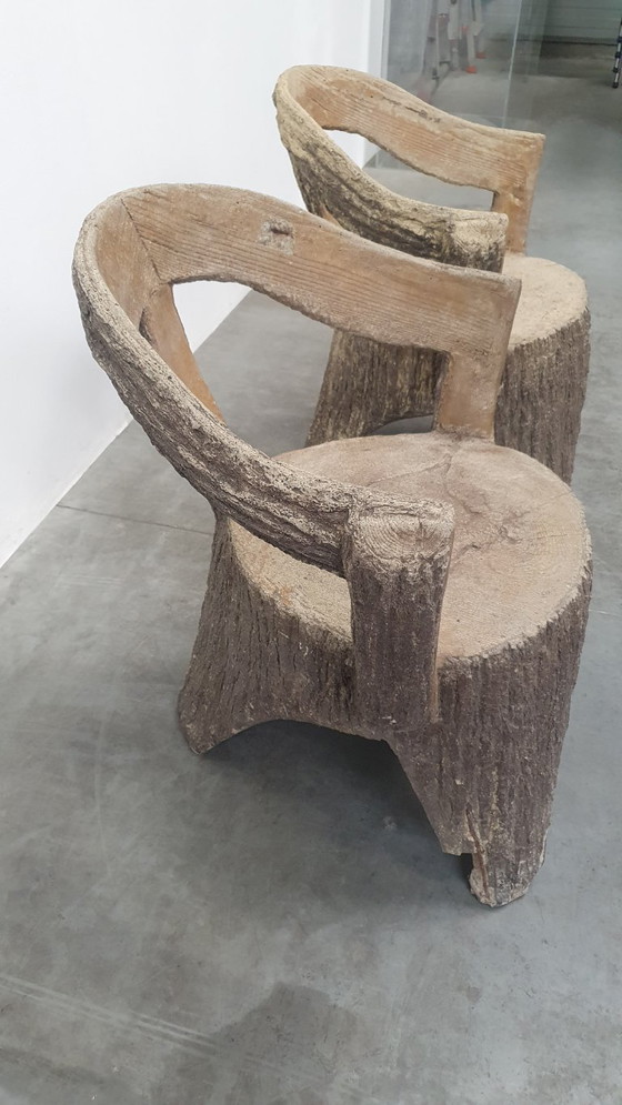 Image 1 of Vintage faux wood cement garden set 4 chairs/table Brutalist 60s France