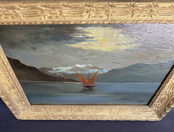 Image 1 of Swiss Oil Painting of Lake Geneva with Vaudoise Sailboat & Dents du Midi, c.1900–1930