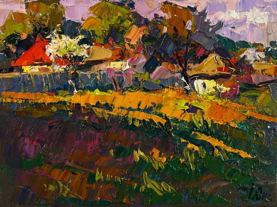 Image 1 of Original Oil Painting Evening Summer Landscape Warm touch of light