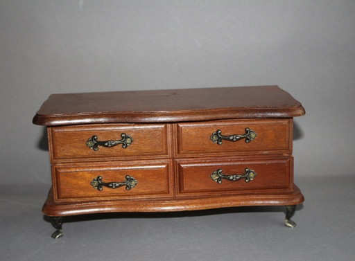 Vintage houten sieradendoos op metalen pootjes, massief hout, met 1 lade