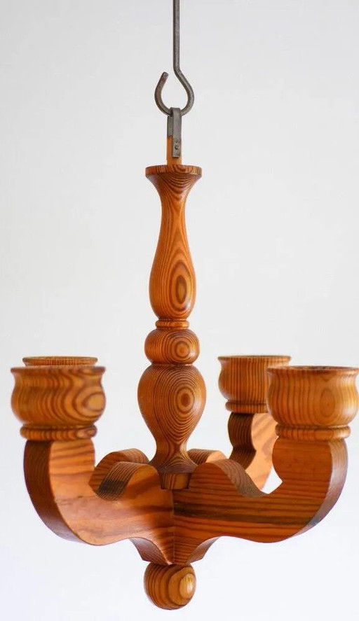 Bougeoir lustre suspendu rustique en bois de Smålandsslöjd, Suède, 1975