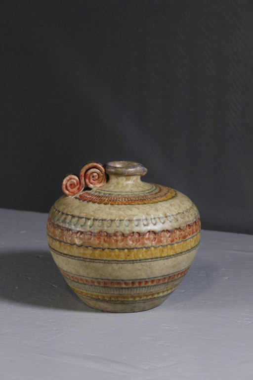Vintage ceramic vase with multicolored stamped decoration, Italy, 1970, Italica Ars Bitossi