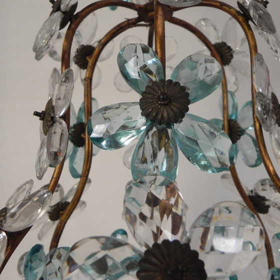 Image 1 of Hanglamp versierd met 42 bloemen in blauw en helder kristal, Maison Bagues stijl, jaren 30