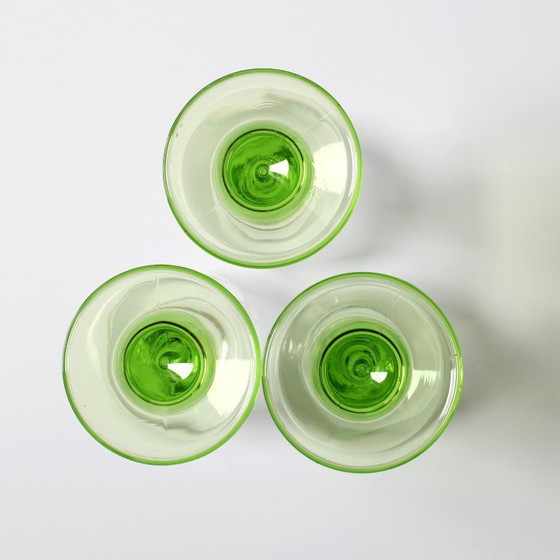 Image 1 of Set of 3 Vintage Limoncino Liquor Glasses / Green Stem Shot Stemware / Bormioli Rocco / Italy / 1970s
