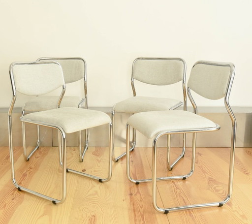 Chrome VINTAGE tubular steel fabric dining chair cantilever Bauhaus Modernist 70s