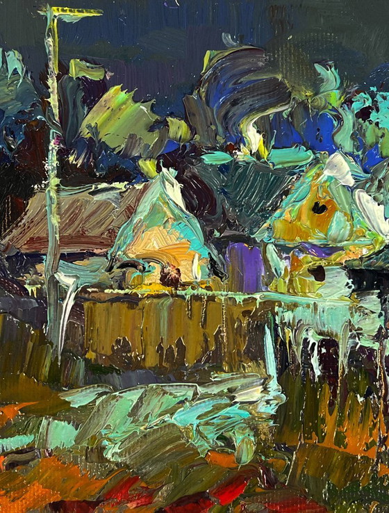 Image 1 of Peinture à l'huile originale représentant un paysage champêtre nocturne au clair de lune dans un village
