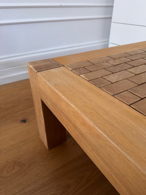 Image 1 of Salontafel met houten mozaïek inleg, brutalistische stijl, massief eikenhout