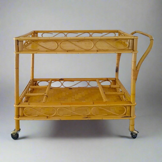 Image 1 of 1960s Gorgeous and Elegant Serving Bar Cart in Bamboo & Rattan by Franco Albini, Made in Italy