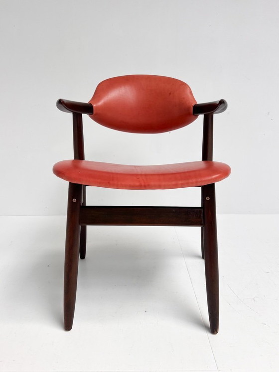Image 1 of Roter Leder-Kuhhornstuhl für Renovierung, 1970er Jahre