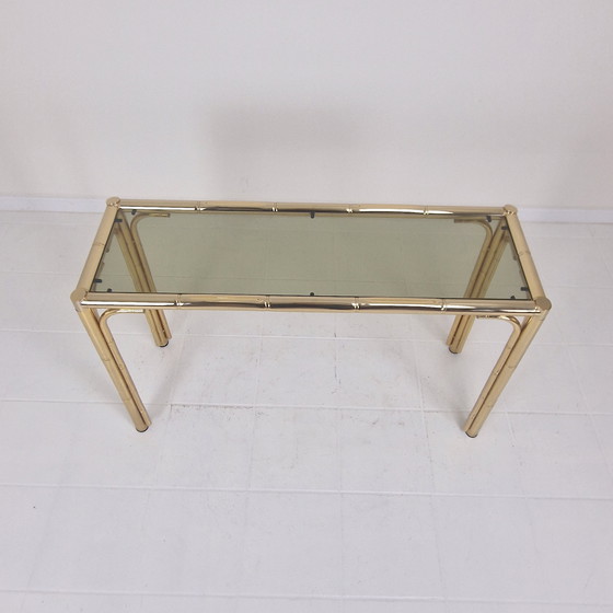 Image 1 of Tavolino rettangolare italiano in ottone, bambù e vetro fumé, anni '70
