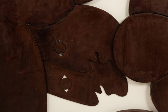 Image 1 of Bas-relief panel "The Twins" in patinated wood. Contemporary