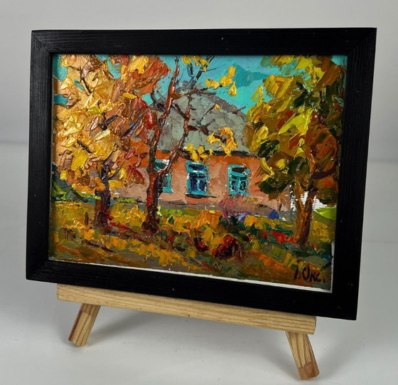Image 1 of Peinture à l'huile originale représentant un paysage champêtre, une maison et une maison en automne dans un village